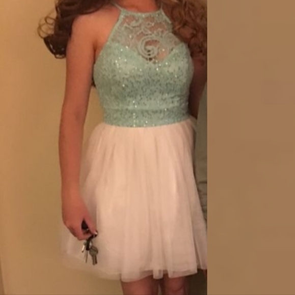 Light blue/Teal and white short prom dress - Picture 1 of 2